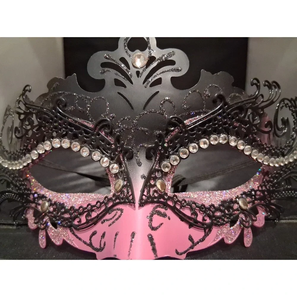 Black and Pink Laser-Cut Masquerade mask with Rhinestones Adult Size